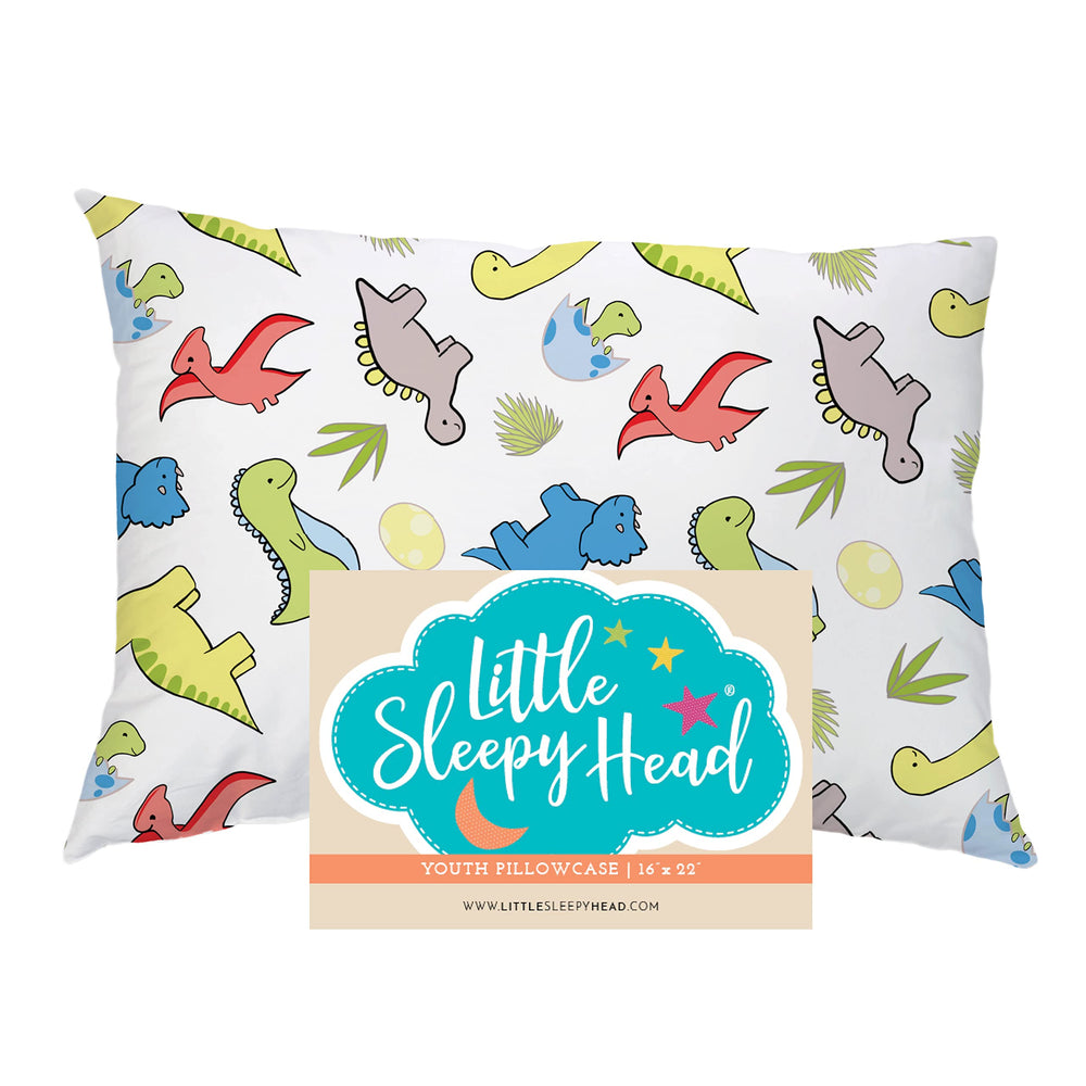 Little Sleepy Head dinosaurs white youth pillow case closeup showing soft cotton weave