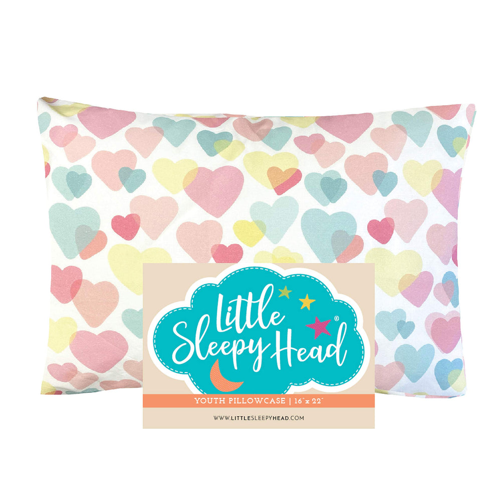 Little Sleepy Head youth pillow case in hearts design with snug envelope closure for travel