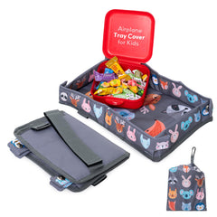 Little Traveler airplane tray cover with woodland pattern keeps surfaces clean during travel.