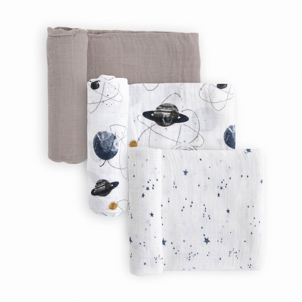 Little Unicorn muslin swaddle 3-pack galaxy design, breathable for cozy swaddling.