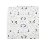 Little Unicorn premium crib sheet Peacock close-up highlighting soft muslin texture for gentle baby sleep.