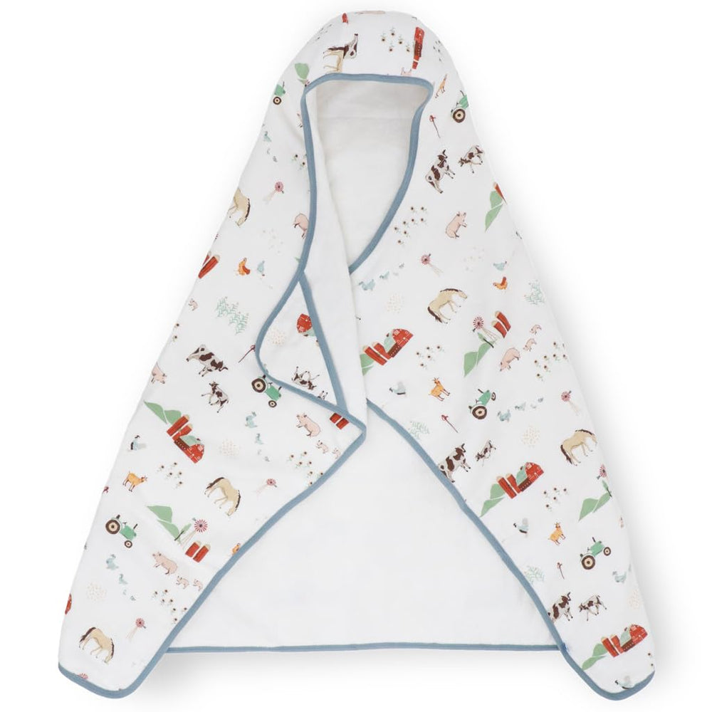 Little Unicorn premium hooded bath towel Farmyard design keeps kids warm after baths.