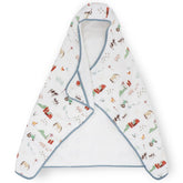 Little Unicorn premium hooded bath towel Farmyard design keeps kids warm after baths.
