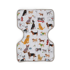 Little Unicorn Woof burp cloth flatlay shows absorbent muslin layers for clean outfits.