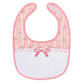 Littleforbig cotton waterproof babydoll bib pink floral closeup shows comfy fit and protective back.