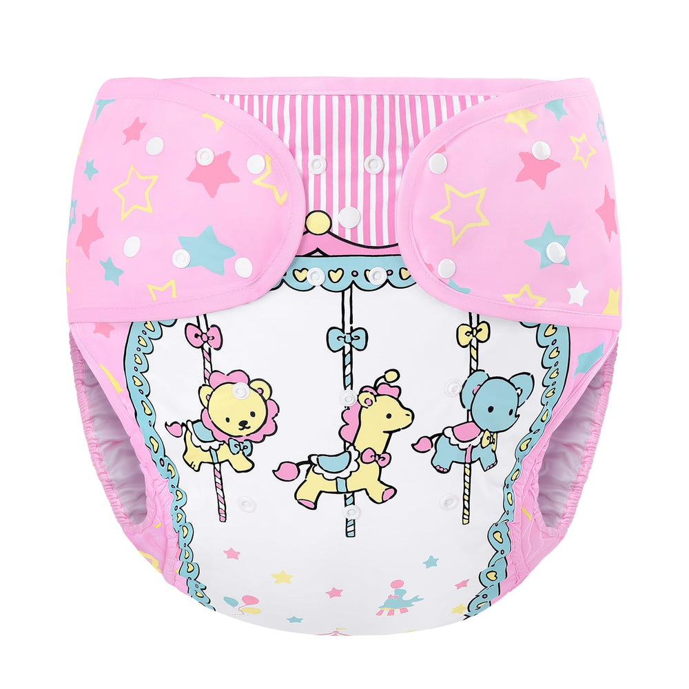 Littleforbig Little Circus wrap front pattern offers playful appeal and secure protection.