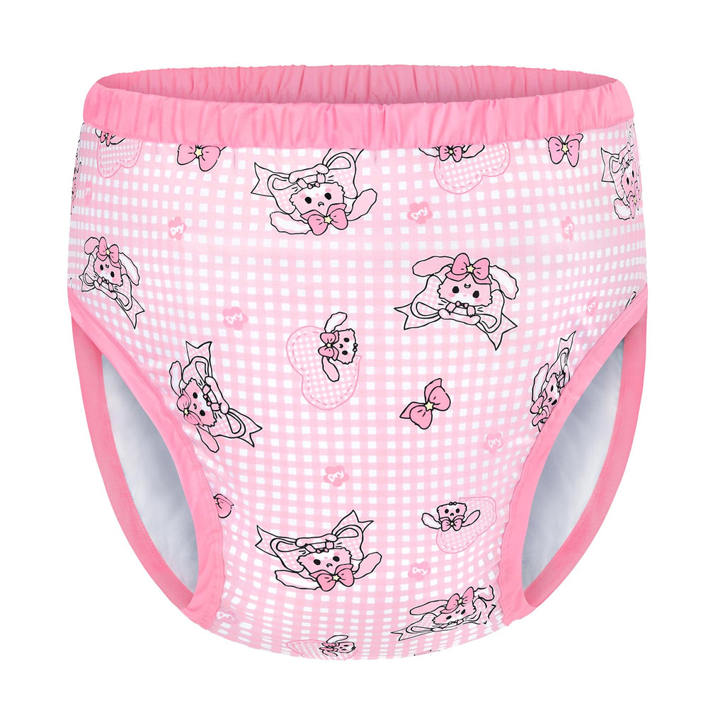 Littleforbig Usagi training pants with pink gingham background and bunnies & bows design for discreet protection.