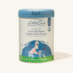 LittleOak goat milk toddler drink tin side label highlights 16 vitamins for daily balance.