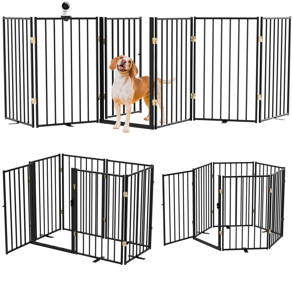 Littlepaw metal dog gate in outdoor six-panel layout secures doorways for pets.