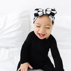 Little Sleepies Luxe Bow Headband Checks showcases adjustable tie-front for a flexible growing fit