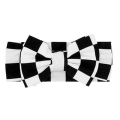 Little Sleepies Luxe Bow Headband Checks closeup on buttery-soft bamboo fabric, gentle on sensitive skin