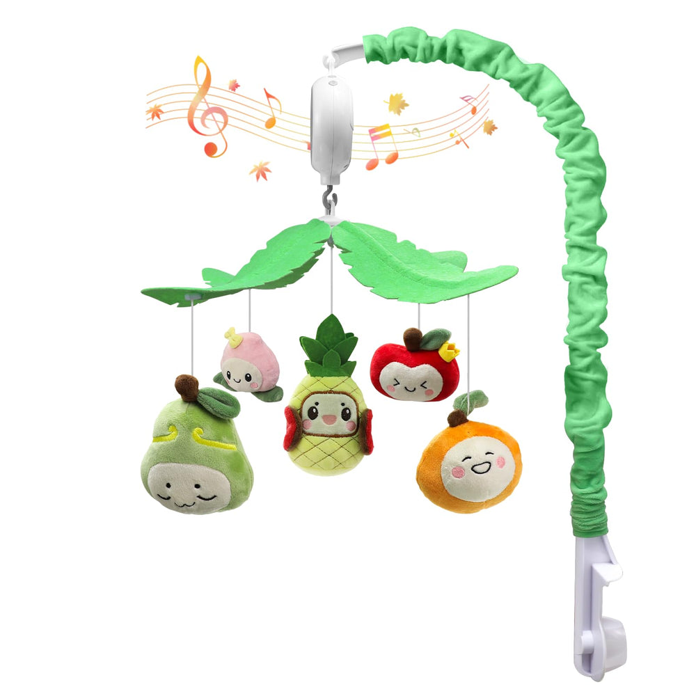 Littoak Fruity Delight mobile shown on crib with easy setup and soothing rotation.