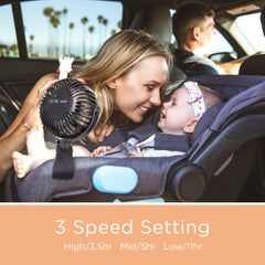 liuliuby Stroller Fan showing 360-degree angle adjustment for precise breeze direction