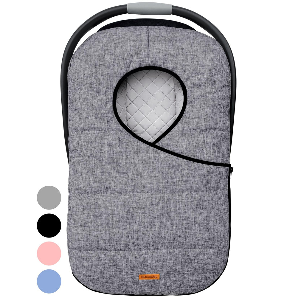 Liuliuby winter carseat cover in gray with weatherproof shell protects baby from wind and rain.