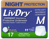 LivDry adult M overnight underwear packaging showing discreet protection for nights