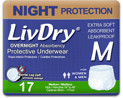 LivDry adult M overnight underwear packaging showing discreet protection for nights