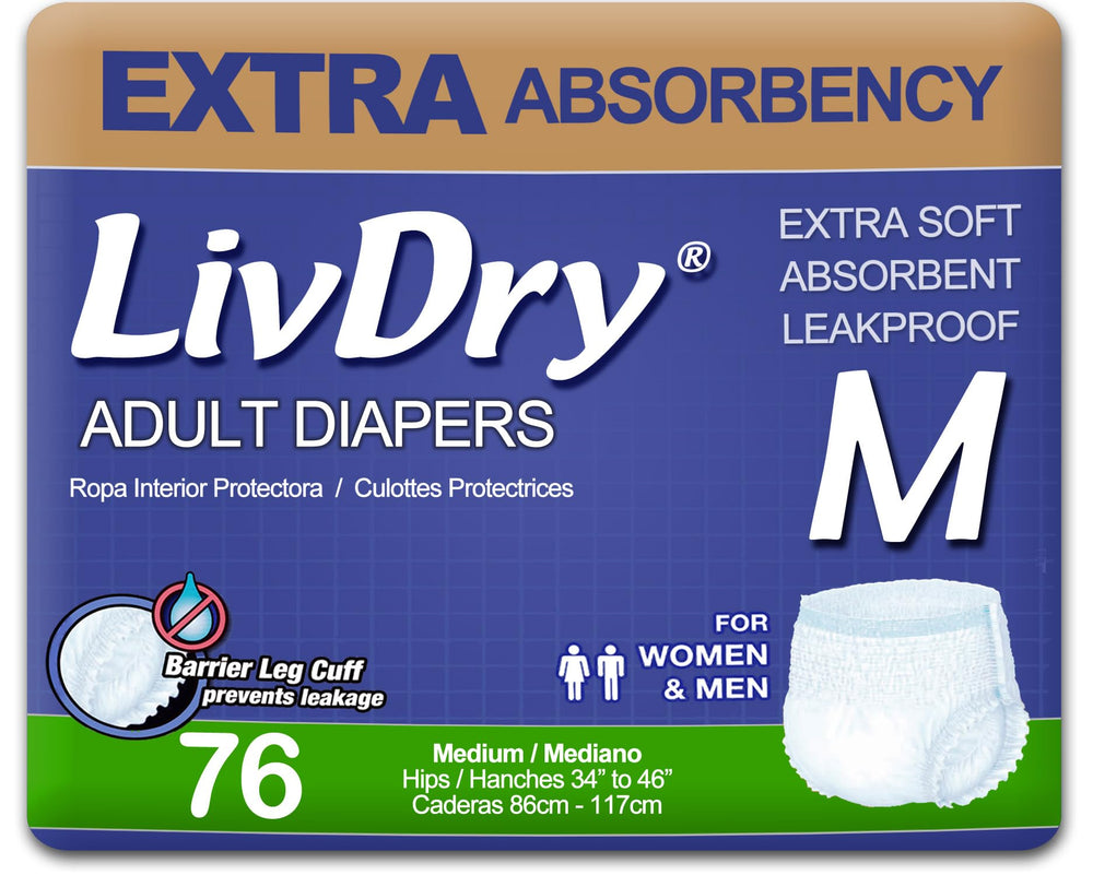 LivDry extra-absorbency underwear; full brief design provides all-day protection.