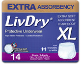 LivDry XL adult underwear packaging showing discreet protection and convenient disposal.