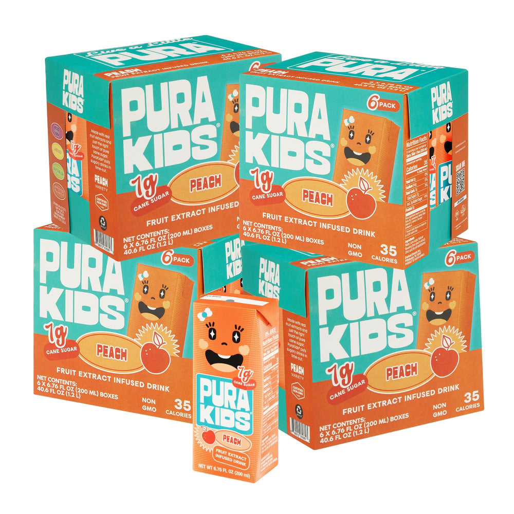 LIVE A LITTLE PURA Peach Kids Box bottle for lunchbox refreshment.