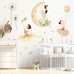 LiveGallery ballet girls moon wall sticker with dandelions for serene nursery decor
