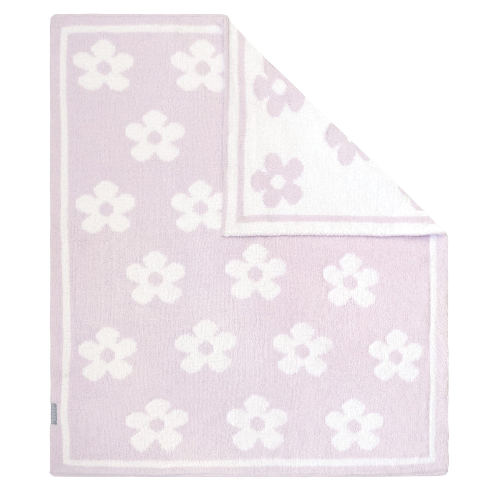 Living Textiles chenille baby blanket with purple flower close-up showing ultra-soft texture for newborn snuggles