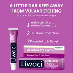 Liwoci Vaginal Anti-Itch Cream jar close-up shows gentle, hormone-free formula for sensitive skin