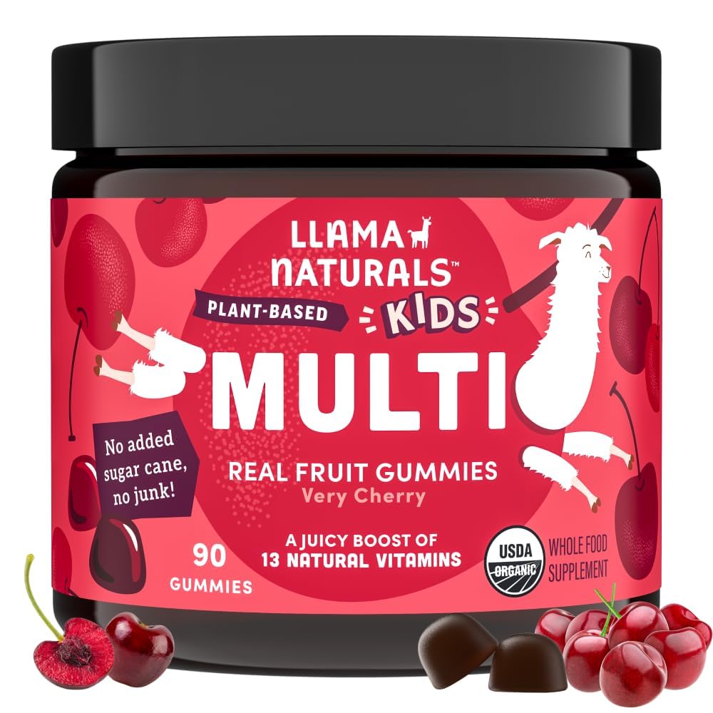 Llama Naturals Kids Multivitamin Gummies bottle with real fruit ingredients for daily support