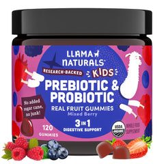 Llama Naturals kids probiotic bottle with chewable gummies for daily gut support