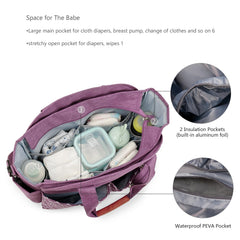 Lmbabter tote side pocket detail, easy reach for tissues or water on-the-go.