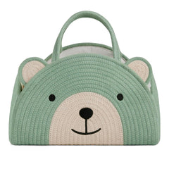 Lmbabter green bear diaper caddy with cotton rope for easy nursery organization.