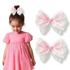 LMYMHMLM lace hair bow in white with a secure clip for everyday wear.