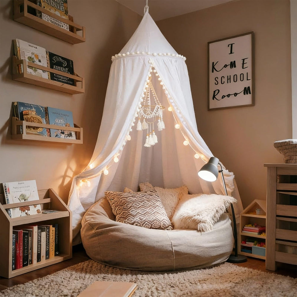 LOAOL bed canopy with pom pom white over crib for cozy shade and cute aesthetics.