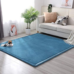 Loartee coral velvet crawling rug blue used as yoga mat surface for gentle workouts.