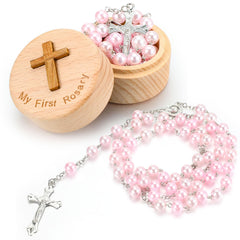Loetere pink baptism rosary necklace—perfect gift for baby showers and first communions.