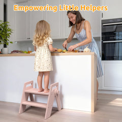 LOHASOK wooden 2-step stool kid-climbing demonstrates easy reach for sinks.