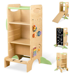 LOL-FUN wooden toddler tower fits under counters for easy kitchen participation.