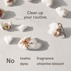 LOLA organic cotton ingredients emphasized, free from fragrance, chlorine, dyes, and synthetic fibers for transparency.
