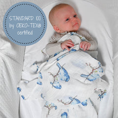 47x47 inch baby blanket in bluebird design ideal for swaddling and nursery decor.