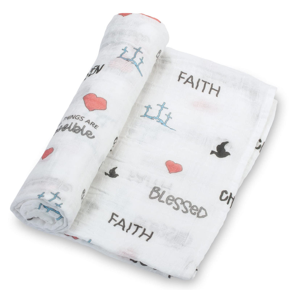 LollyBanks baby blanket faith print, soft muslin close-up for gentle swaddling