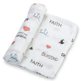 LollyBanks baby blanket faith print, soft muslin close-up for gentle swaddling