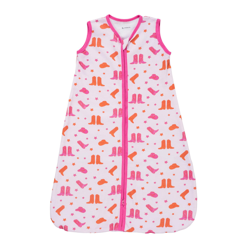 LollyBanks baby sleep sack with pink boot print, cozy sleeveless design for warm nights