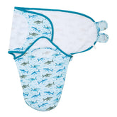 LollyBanks shark print baby swaddle front view for secure sleep