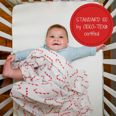 LollyBanks candy cane swaddle in crib scene highlights festive nursery style and calm baby moments