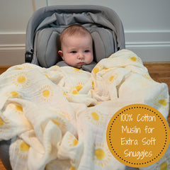 LollyBanks Sunshine Print blanket on stroller offers light, breathable coverage