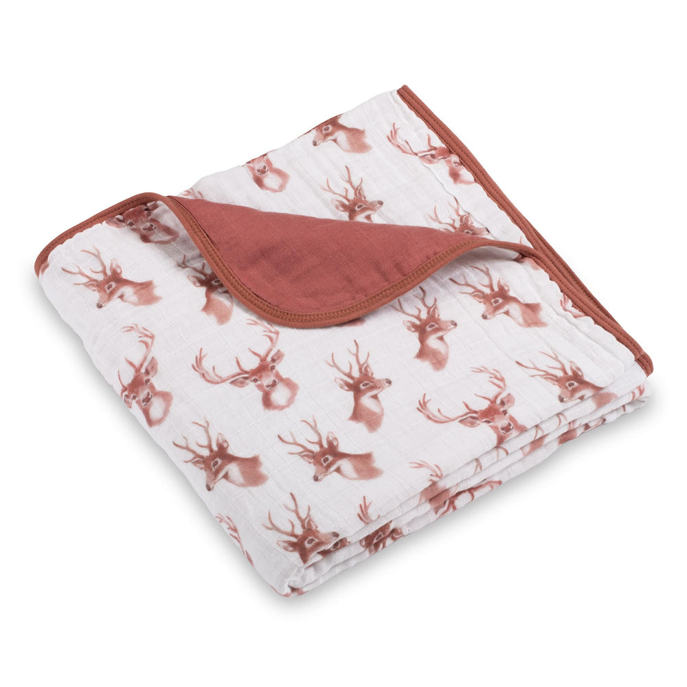 LollyBanks deer head print blanket close-up showing soft muslin texture for cozy hugs
