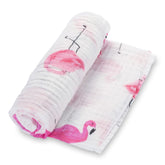 LollyBanks flamingo print swaddle blanket in soft cotton for a playful, cozy baby wrap