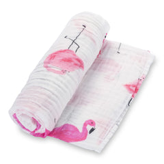 LollyBanks flamingo print swaddle blanket in soft cotton for a playful, cozy baby wrap