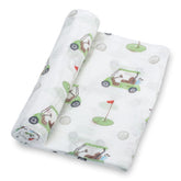 LollyBanks golf print swaddle blanket for stylish nursery and on-the-go comfort.