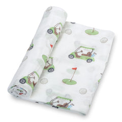 LollyBanks golf print swaddle blanket for stylish nursery and on-the-go comfort.