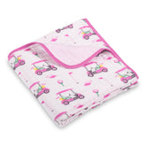 LollyBanks muslin blanket pink golf print for cozy naps.